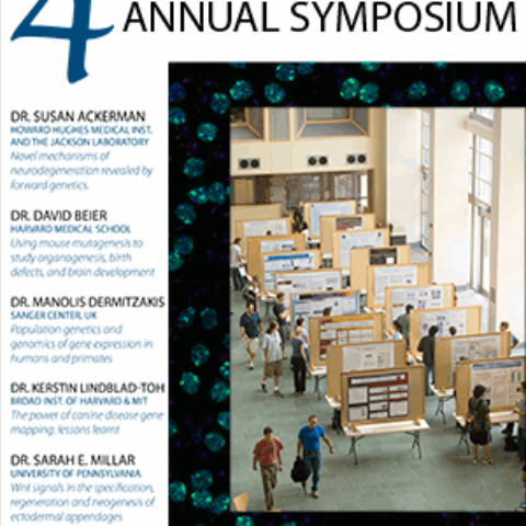 Promotional poster featuring a view overlooking a symposium poster session.
