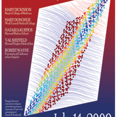 Promotional poster featuring a simulation of gene network expression.
